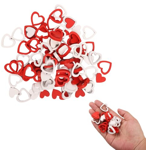 Nhgkju 100 Stück Holz Herzen Deko – Herz Konfetti aus Akazienholz für Hochzeit, Valentinstag (2,1 cm & 1,6 cm, 4 Designs, Rot & Weiß) – Romantische Streudeko für DIY & Party