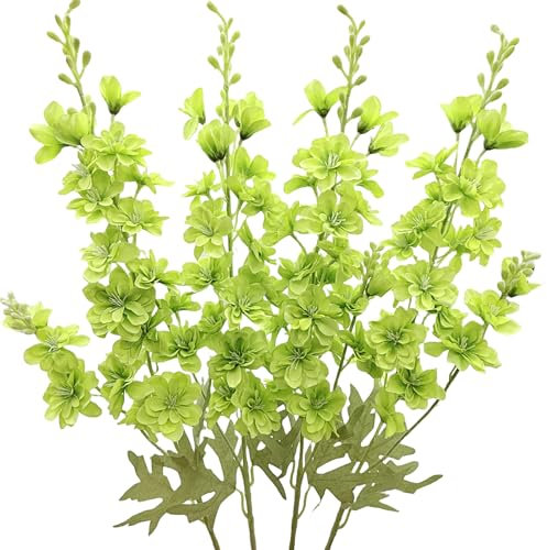 FERIAL Artificial Delphinium Flowers Silk Larkspur Flowers Faux Snapdragon Long Stem Fake Plant Spray Arrangement 4pcs Green for Home Office Garden Wedding Table Vase Decor