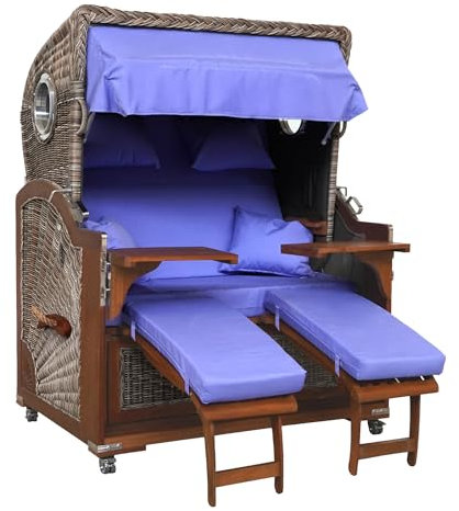 Webavita Strandkorb Bali Mahagoniholz | 2,5-Sitzer | Montiert | Geflecht Grau | Bezug Lavendel | Halblieger | Beach Chair für den Garten Terrasse Balkon