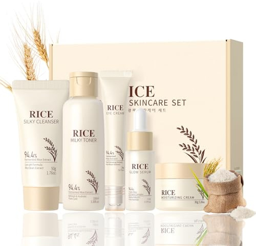 Rice Hautpflegeset 5 Stück - Geschenke für Frauen - Reis Gesichtspflege Set für Teenager Mädchen und Frauen - Rice Skin Care Set mit Reiniger, Toner, Augencreme, Serum, Gesichtscreme