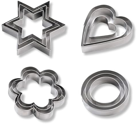 ZORVYN Lot de 12 Emporte-Pièces en Acier Inoxydable pour Biscuits et Pâtisserie - Rond, Cœur, Étoile, Fleur