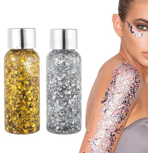 2 Flaschen Glitzer Gesicht Body Glitter Gel,Festival Glitzer Gesicht Gel, für Gesicht Haare Lippen Nägel Make Up Kosmetik Festival (Silber, Gold)