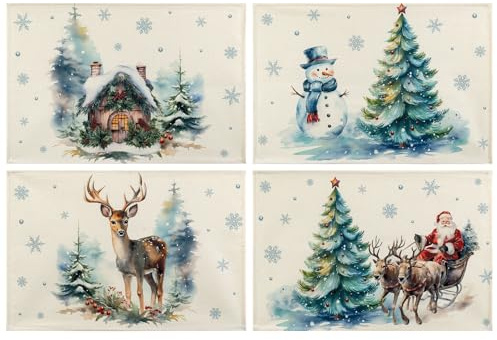 Hretvoi Platzset Weihnachten, Tischset Weihnachten Abwaschbar, Platzdeckchen Winter 30x45cm, Tuschemalerei Weihnachtsmotiv Platzsets 4er Set, Tischsets Weihnachts Stoff Genutzt für Tischdeko