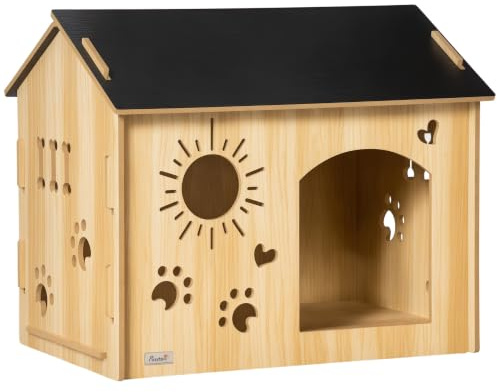 PawHut Cuccia per Cani da Interno Casetta per Gatti in Legno, Color Rovere | Struttura, Aperture a Forma di Zampa, Cuore e Ossa, Cuccetta per Soggiorno e Salotto