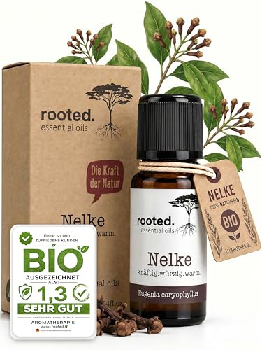 rooted.® Aceite de hojas de clavo orgánico, 10 ml [100% NATURREIN] – Clavo auténtico – Eugenia Caryophyllus – Aceite esencial para aromaterapia, lámparas aromáticas, difusores, ambientadores, velas