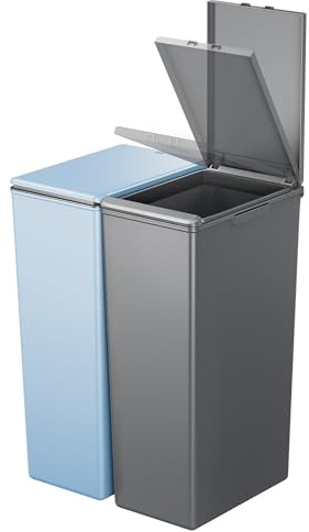 EKO Morandi Twin Pack (2 x 30L) Kitchen Bin with Touch-Top Lids, Plastic Double Bins with Recycling Stickers and Easy-Clean Finish, for Home or Office, Dark Grey & Titanium Blue