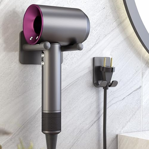 Trlyane Soporte para Secador de Pelo de Pared sin Taladro, Organizador de Baño de Aluminio con Almohadilla de Silicona, Gancho para Cable y Enchufe, Gris