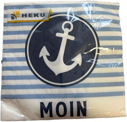 HEKU Maritime Papierservietten, MOIN Anker Design, 33x33cm, 3-lagig, 20 Stück, Weiß-Hellblau