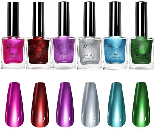 6 Colors Metallic Nail Polish Set, Quick Dry Chrome Holographic Nail Varnish for Women, Includes Silver Red Blue Green Purple, DIY Art Manicure Home Use