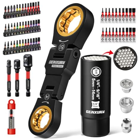 GEINXURN Juego de llaves de trinquete de 68 piezas con extremos dobles, puntas de destornillador de impacto, juego de llaves de vaso universal, soporte de brocas, adaptador de enchufe de impacto