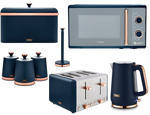 Tower Cavaletto Midnight Blue 8 Piece Kitchen Appliance & Storage Set – 1.7L Kettle, 4 Slice Toaster, 800W Microwave, Bread Bin, Canisters and Towel Pole. Contemporary Matching Kitchen Bundle Set