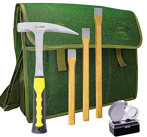 Rock Hammer Mining Kit, Rockhounding Geology Tools Musette Bag Chisels Rock Pick Hammer