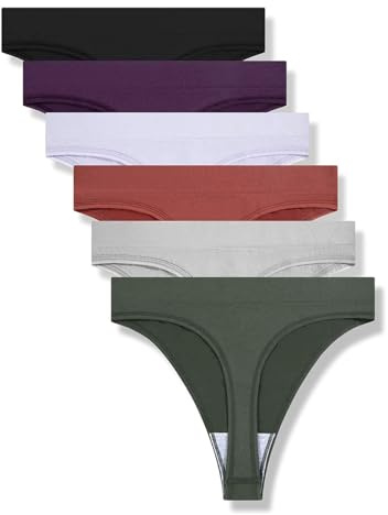 GRANKEE Women's High Waisted Breathable Seamless Thong Panties,No Show Workout Underwear,Comfortable Cotton Crotch,6 Pack(Black/Caramel/Purple/Olive Green/Lavender/Light Grey 6 Pack M)