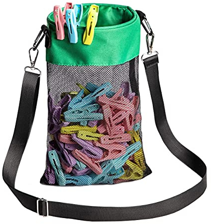 AFUOWER Mesh Clothespin Bag with Hooks Hanging Clothes Pin Bag with Drawstring Closure Clothespin Holder, Ventilation and Moisture Resistance, Storage Organizer, Machine Washable （Green）