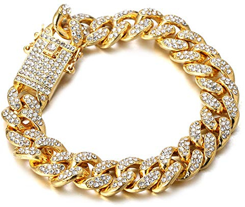HALUKAKAH Chaîne en Maillons Cubains avec Diamants pour Femmes - CARAT - Bracelet Plaqué Or 18 Carats Réels de 20cm, 14mm de Largeur - Livré avec Boîte Cadeau
