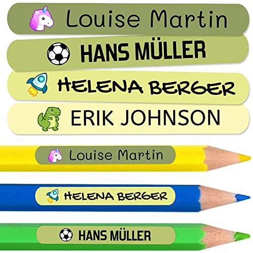Haberdashery Online 50 personalisierte Namensaufkleber zum Markieren von Bleistiften, Markern, Kugelschreibern. Farbige Etiketten für Kinder in Schule und Kindergarten, wasserfest. Größe 4,6 x 0,6 cm.