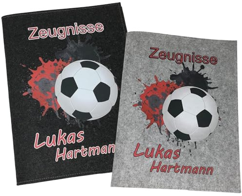 Fadensalat Zeugnismappe mit Namen - Mädchen und Jungen - Personalisiert Filz A4 Fussball Rot - Dokumenten Urkunden Mappe Kinder - Hefter Zeugnisse - Sichtbuch