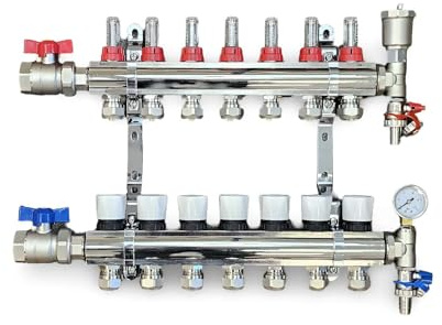 Water Underfloor Heating 7 Ports Complete Manifold with Pipe Connections,Main Isolating Ball Valves,Automatic Air Vent End Unit,Pressure Gauge End Unit (15mm eurocones)