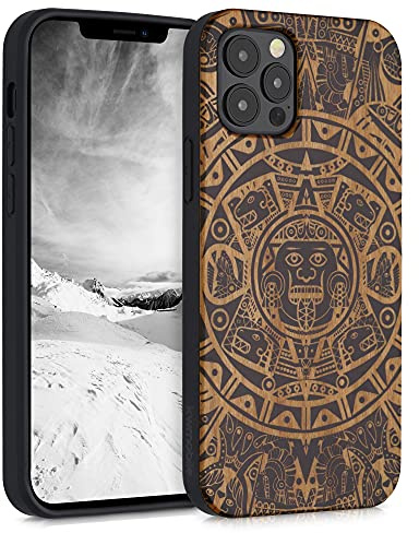 kwmobile Hülle kompatibel mit Apple iPhone 12 / iPhone 12 Pro Hülle - Holz Case - Handy Cover - TPU Handyhülle in Hellbraun Schwarz Maya Kalender Art