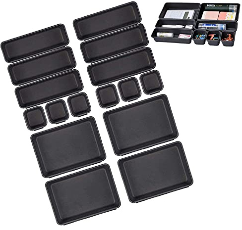 Axroad Mall 16 PCS Desk Drawer Organiser Tidy Dividers, 3-Size Plastic Tray Makeup Drawers Storage Container Separators for Kitchen Bathroom Office Stationery (Black)