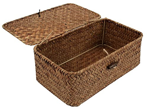 HUALIANG Rattan Aufbewahrung Korb mit Deckel klein,Natürliches Seegras Geflochtener Regalkörbe,Multifunktionaler Aufbewahrungsbox zum von Spielzeug Kosmetika badezimmer toilettenpapier aufbewahrung