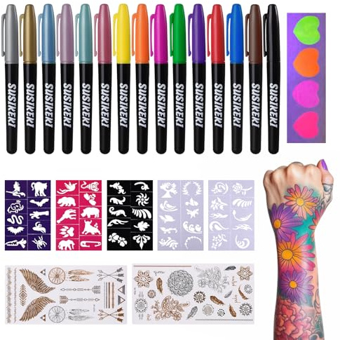 SUSIKEKI Temporary Tattoo Markers for Skin, 15 Colors Tattoo Pen + 50 Paint Stencils + 43 Tattoos Stickers, Glitter & Matte & Neon Glow Body Marker Set, Removable Fake Tattoos Kit for Teens and Adult