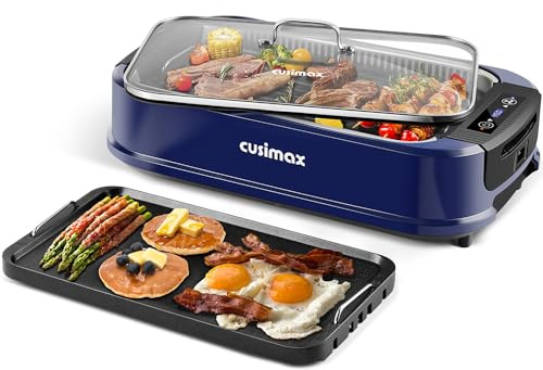 Smokeless Grill, CUSIMAX 1500W Indoor Grill, Electric Grill Griddle with LED Smart Display & Tempered Glass Lid, Portable Korean BBQ Grill, Non-stick Removable Grill & Griddle Plate