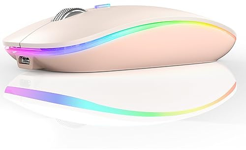 Uiosmuph Bluetooth Kabellose Maus, Leise LED Wiederaufladbare Mouse,Pink | Tri-Mode BT5.1/5.0+2.4G, 3 DPI(1000/1200/1600), 7 LED-Farben, Akkuanzeige, USB-C Adapter, für Laptops/Mac OS/Android/Windows