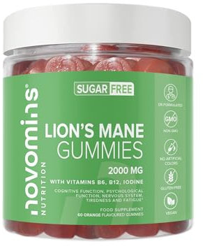 Novomins Lion’s Mane Gummies - Integratore ad Alta Potenza 2500mg - Senza Zucchero - Con Vitamina B6, B12 e Iodio - Alternativa a Capsule e Polvere - Gusto Arancia - 60 Gommose Vegane