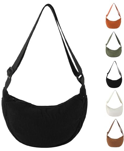 Uwiyo Crescent Bag pour Femme, Velours Côtelé Sac à Bandoulière pour femme Sac à Croissants Sace Portatif en forme de Croissant avec Sangle Réglable pour un Usage Quotidien (Noir)