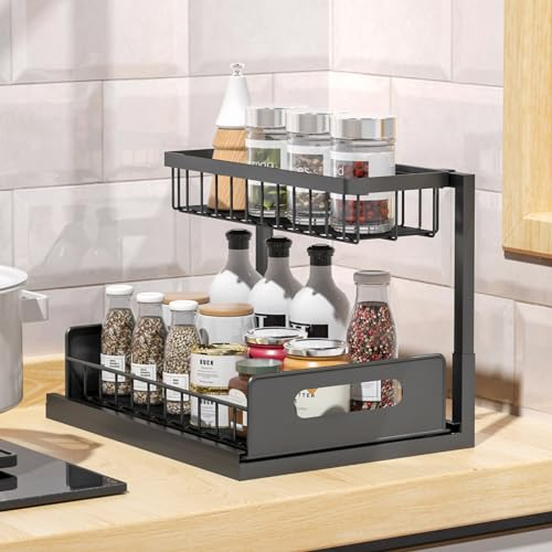 Viusneun Spülschrank Organizer, 2 Etagen Metall Unter Waschbecken Regal,Verstellbare Breite Ausziehbarer Schrank-Organizer, Teleskopschublade für Küche, Bad, Unterschrank (Weiß 1Stück)