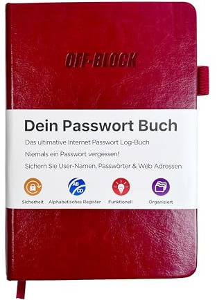 OFF-Block Dein Passwort Buch DEUTSCH I mit A-Z Register I Organizer für Passwörter, Benutzernamen, Webseiten und mehr I mit Stiftschlaufe I Gummiband I Dokumententasche innen (bordeaux)