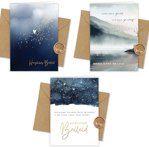 3er Set Trauerkarten mit Heißfolienprägung - Inkl. Briefumschlag & Wachssiegel - Hochwertige Kondolenzkarten aus 300g Offsetkarton - Beileidskarten Made in Germany - Mix