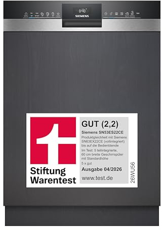 Siemens iQ300 Teilintegrierter Geschirrspüler 60 cm Edelstahl SN53ES22CE | Stiftung Warentest Testsieger*, Made in Germany, autoOpen dry Türöffnung, Spülturbo für schnelle Ergebnisse, Home Connect