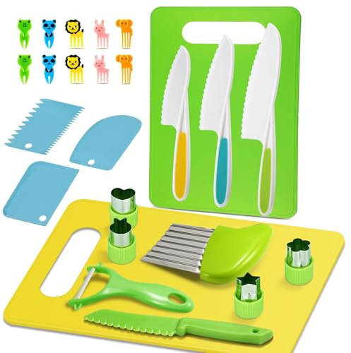 Aplimln Kindermesser 26-Teiliges Kinder Schneideset, Kinder Messerset ab 2 3 4 5 6 jahre, mit Schneidebrett, Wellenschneider, Schäler, Obstmesser und Gemüsemesser usw.