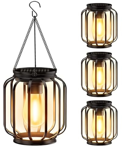 Solar Hanging Lanterns Outdoor Waterproof: 4 Pack Metal Solar-Powered Lights with Hook, Bright Warm Lantern Decor for Outside, Classic Outdoor Lighting for Yard Garden Patio Porch Balcony Decorations