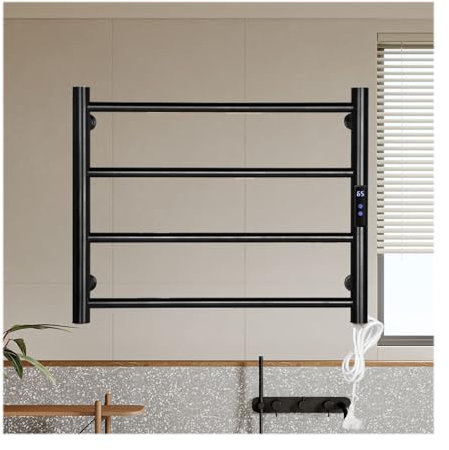 WRJAHCG Heated Towel Rack Wall Mounted,Electric Towel Racks with Thermostatic,Stainless Steel Towel Warmers for Bathroom,Radiator Bathroom Accessories,Black a,Plug in Right