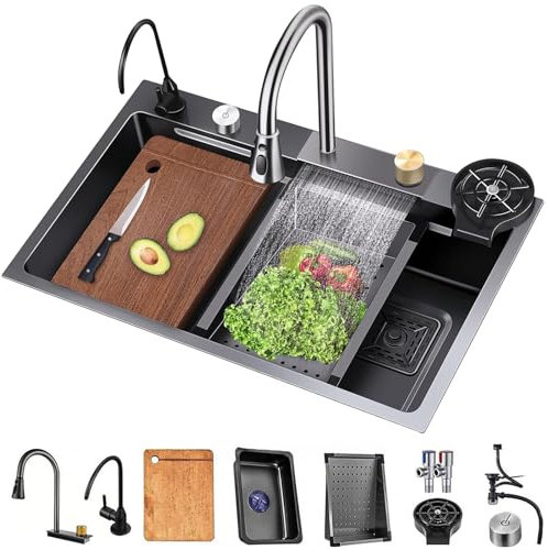 ASKLFNEI 75cm Küchenspüle, Nano Edelstahl Wasserfall-Art Stahl einzelne Schüssel Waschbecken, Drop In Große Kapazität Workstation Waschbecken mit Multifunktionszubehör,29.5in(75x45x22cm)