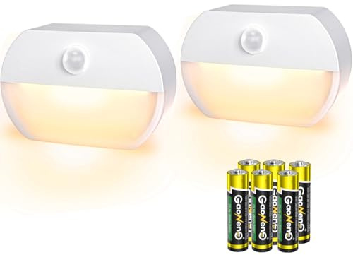 sununiny LED Motion Sensor Night Light,Battery Powered Auto/ON/Off Stair Sensor Lights Lamps with Batteries, Motion Night Lights for Stair,Toilet, Hallway, Bathroom, Kitchen,2 Pack