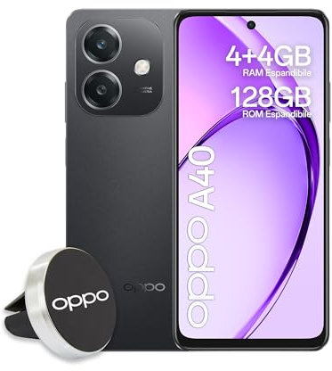 OPPO A40 Smartphone, Fotocamera AI 50MP, Selfie 5MP, Display 6.67” 90HZ LCD HD+, 5100mAh, RAM 4 Esp 8GB (+4GB Virtuali) +ROM 128GB, IP54, Supporto Auto [Versione Italia], Sparkle Black