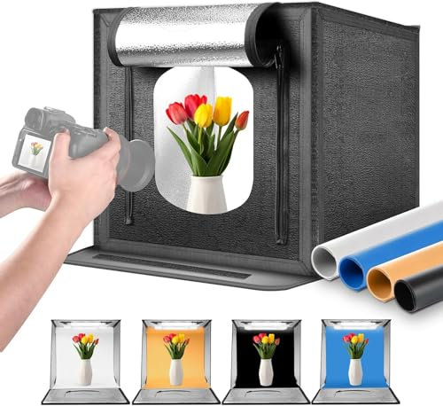 NEEWER 50W Scatola Luce da Studio Fotografico Migliorato, 60cm x 60cm Lightbox Fotografico Pieghevole Portatile, 4 Fondali, 5600K 160 LEDs 5200lx/0.5m Tenda Dimmerabile per Gioielli Elettronica, LP60