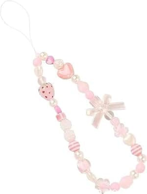 Pchnfei Pink Mobile Phone Lanyard Phone Chain Bow, Pearl Beaded Phone Lanyard Wrist Strap Anti Lost Phone Charm Strap Fashion Phone Case Keychain Wallet Decoration Pendant for Women