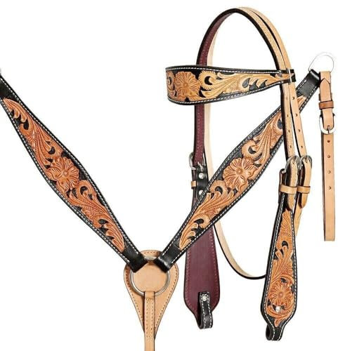 EQUIEMPRESS Western-Leder-Set mit handgefertigtem Kopfstück und Vorderzeug mit Zügeln. /Size-Full,Cob,Pony AZ-65 (Pony)