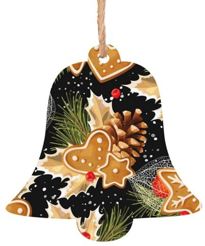Weihnachtsschmuck aus Holz für Baumdekoration, Lebkuchen und Stechpalme, hängende Weihnachtsbaumschmuck, Kugel, Heimdekoration (Glockenform)