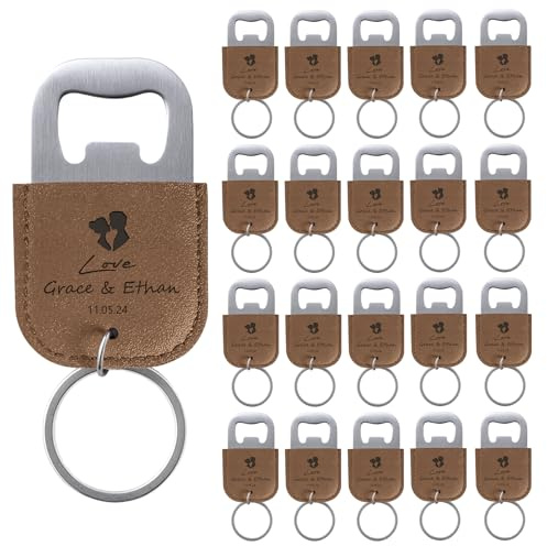 20 Stück Personalisierte Flaschenöffner Schlüsselanhänger mit Gravur - Hochzeitsgeschenke für Gäste aus PU-Leder in Khaki | Bieröffner & Brautgeschenke mit Lasergravur