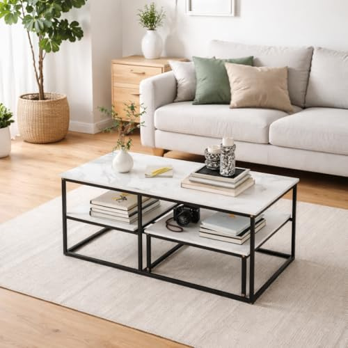 Set med 2 sovbord, separata vardagsrumsbord, två avtagbara rektangulära soffbord, marmorsoffbord, gyllene metallram, för soffa, vardagsrum, sovrum (rektangulär, svart + vit)