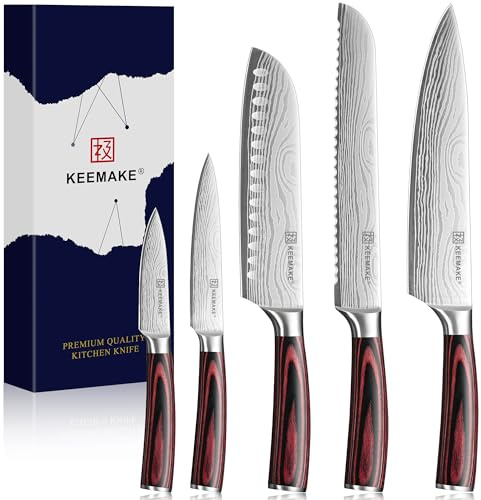 KEEMAKE 5-teiliges Profi Küchenmesser Set | Messerset aus scharfem Edelstahl Japanisches Kochmesser Design mit Pakkaholz Griff, inkl. Santoku, Brotmesser & Geschenkbox