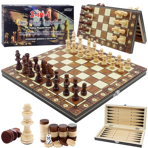 Druuzyl Schachspiel aus Holz 3 in 1 Schachspiel Magnetisch, Faltbares Magnetisches 29 x 29 cm Schach- und Damespiel für Party, Familienaktivitäten, Schach für Kinder