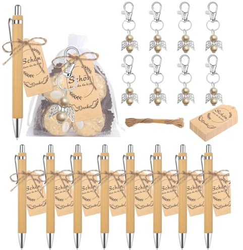 8 Set Bomboniere Matrimonio Chiave, retrò con Borsa Trasparente, Etichetta Regalo Decorazione Tavola di Nozze Compleanno, Battesimo Cresima Regali di Anniversario, penne a sfera in legno