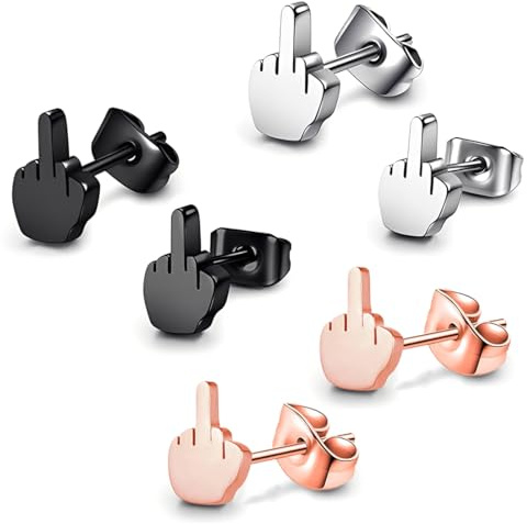 DIFLAX 3 Stück Mittelfinger-Ohrstecker, Herren-Ohrstecker, Ohrringe Schwarz, Ohrringe Silber, Punk, Biker, Rock-Stil, Geeignet für Halloween und den Alltag
